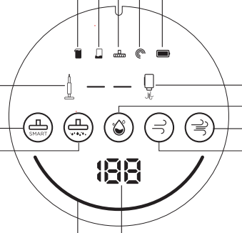 Ekranın üst satırında toz haznesi dolu, su yok, turbo fırça tıkalı, sensör sorunları ve düşük pil dahil olmak üzere hata göstergeleri görüntülenir. İkinci satırda konfigürasyon sembolleri görüntülenir: cihazın manuel veya komple montajı.Orta kısımdaki yuvarlak semboller, kendi kendini temizlemenin yanı sıra ıslak ve kuru çalışmayı da temsil eder. Minimum ve maksimum güç seçilirken son iki karakter görüntülenir.