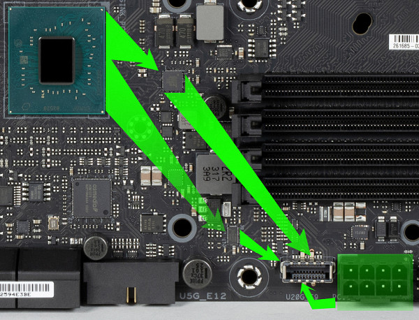 (for connection to the corresponding connector on the front panel of the case, using additional power (8-pin PCIe port) implements fast charging of mobile devices (up to 60 W);
8 USB 3.2 Gen2 ports: 5 are implemented via the Z790 and are represented by: 4 — on the rear panel with Type-A ports (red); 1 — on the rear panel with a Type-C port; 2 more are implemented via Thunderbolt 4 and are also presented on the rear panel with Type-C ports; and 1 implemented via Ancor Link AU6260 controller
