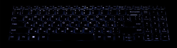 The keyboard is backlit, available in white and with four brightness levels. At the minimum level, the backlight is barely noticeable, but at the maximum it is quite bright. The backlight is controlled via a key combination, but it automatically turns off after 15 seconds of user inactivity — not the most convenient feature, but it cannot be turned off. Both the characters on the keys and their edges are highlighted, although to a lesser extent.

CapsLock has a built-in tiny white LED that indicates when the corresponding mode is enabled.