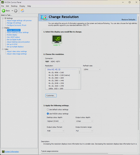 12 bit in 120 Hz mode, PC connection