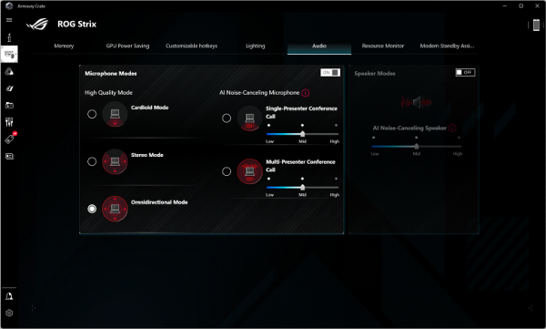 Audio allows you to control microphone settings (including noise reduction) and speakers.