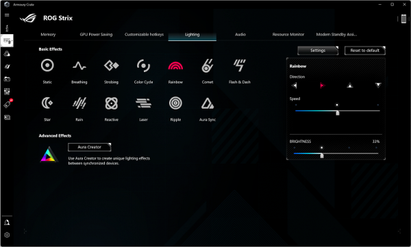 Lighting contains options for customizing lighting effects.