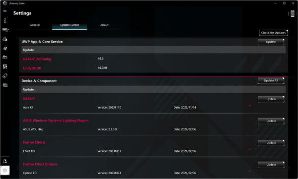 Settings → Update Center checks for updates to the software components of the proprietary utility.