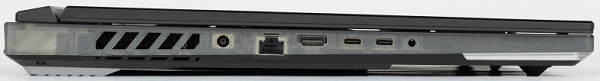 On the left side panel there are cooling system outlets, and to the right of them there are ports and connectors: a coaxial connector for connecting power adapters, an RJ-45 power outlet, an HDMI video output, Thunderbolt 4 and USB 3.2 Gen2 Type-C ports, as well as a combo minijack for audio headset. It is quite difficult to distinguish the markings of Type-C ports even upon closer inspection, so it is better to remember them in advance.