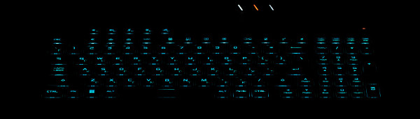 The backlight area under each key remains visible even when your eyes are tilted away from the keyboard, but it shines softly and does not cause irritation. The light distribution makes it possible to distinguish Cyrillic characters, although sometimes it requires some effort.