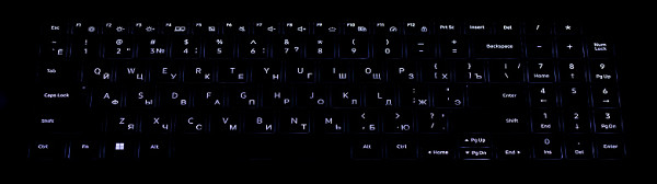 The keyboard is equipped with a backlight with two brightness levels, as well as the ability to turn it off completely, which is regulated by pressing the Fn+F6 key combination again. The backlight illuminates all characters and button edges evenly.