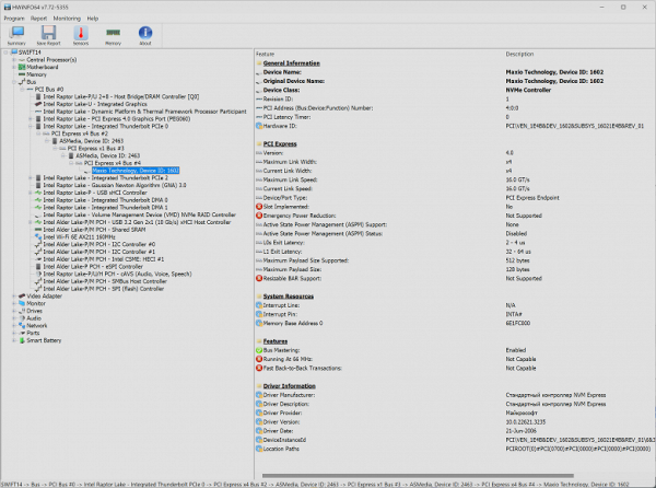 HWinfo: внешний накопитель Maiwo с KingSpec XG7000 4 ТБ
(ASMedia по имени контроллера) в порте Thunderbolt 4