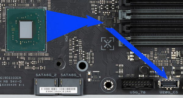 (for connection to the corresponding connector on the front panel of the case), the second is implemented using 2 Diodes PI3EQX2024 hubs