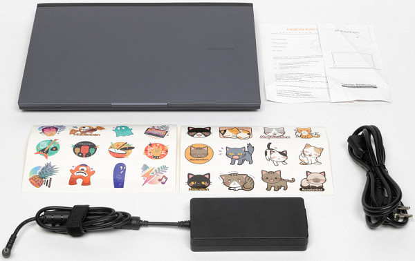 In addition to the laptop itself, the package includes a power adapter, a short instruction manual, a warranty card and a set of stickers.