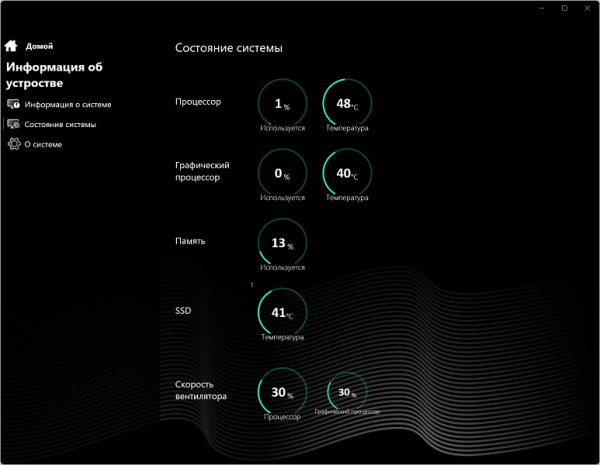 A separate tab provides data on the load level of the central and graphic processors, the amount of RAM used, the fullness of the system drive, as well as fan speeds (as a percentage of the maximum, which, by the way, is not indicated).