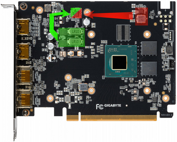 The card shows the core power supply in green and the memory in red. Power management of the core and memory chips is carried out through an 8-phase PWM controller MP2940A (Monolithic Power Systems), located on the front side of the card.