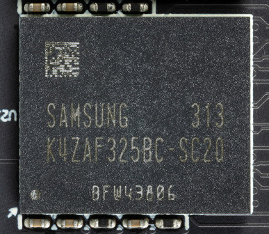 The video card contains 16 GB of GDDR6 SDRAM memory, which is located on the front side of the printed circuit board in the form of 8 chips of 16 Gbit each. Memory chips manufactured by Samsung (model K4ZAF325BC-SC20) are designed to operate at a nominal frequency of 2500 MHz (effective frequency 20000 MHz).