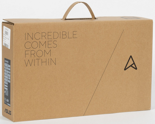 The outer packaging is made from recycled paper to protect the Asus Zenbook Duo UX8406MA during transport and storage. It is equipped with a cardboard carrying handle