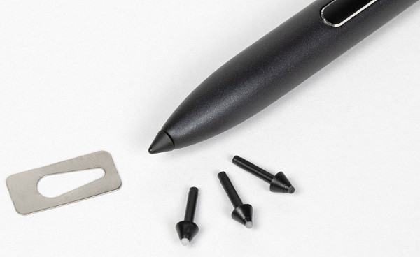 The stylus comes with three replaceable tips and a tool for removing them.