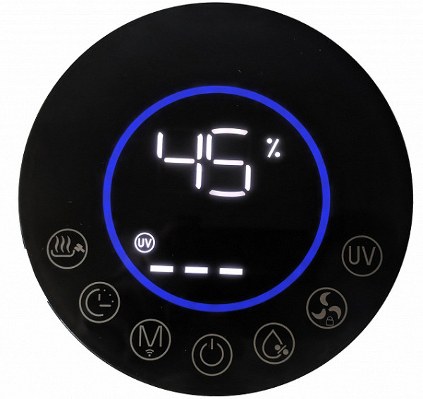 The digital display shows current/target humidity values and auto-off timer settings.