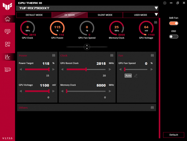 Control panel for operating frequencies and GPU voltage — operating mode in the OC Mode preset