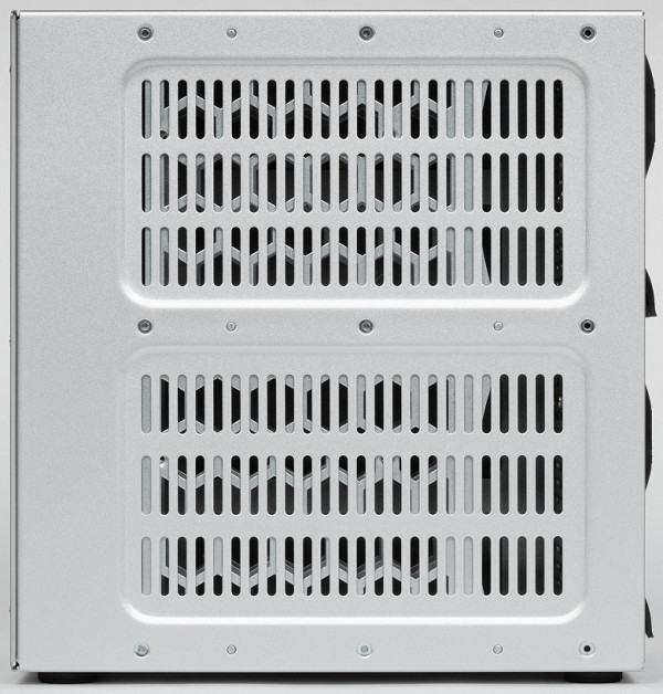 The left side panel has numerous slots for air intake.