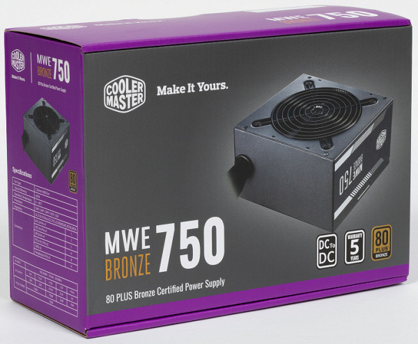 The packaging is made of durable cardboard with a matte finish and an illustration depicting the power supply itself. The design is dominated by black and purple shades.