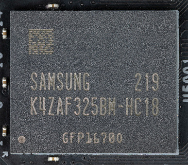 The card is equipped with 16 GB of GDDR6 SDRAM memory, located on the front side of the PCB in the form of 8 chips of 16 Gbit each. Samsung memory chips (K4Z80325BC-HC18) are designed to operate at a nominal frequency of up to 2250 MHz (equivalent to 18000 MHz effective frequency).