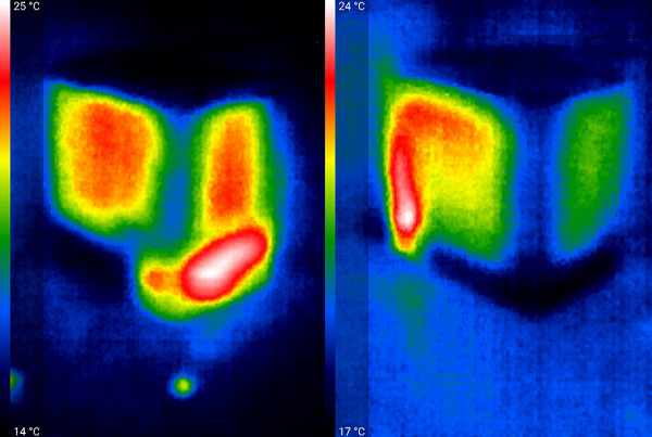 Rear/left and front/right walls of a switched-on freezer in the infrared range