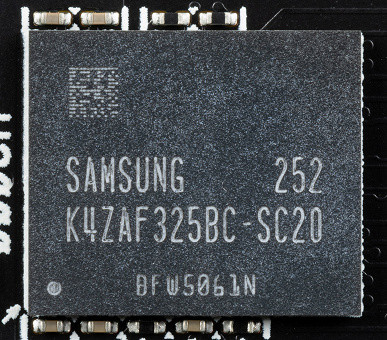 The card is equipped with 24 GB of GDDR6 SDRAM memory, located in 12 chips of 16 Gbit on the front side of the PCB. The Samsung memory chips (K4ZAF325BC-SC20) are rated for a nominal operating frequency of 2500 (20000) MHz.