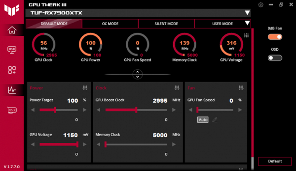 GPU clock and voltage control panel — standard default mode