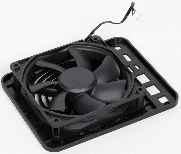 The single 120mm fan is mounted on the rear panel, and requires removing four more screws to inspect, clean, or replace.