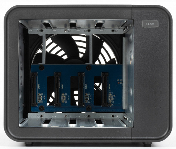 The SATA and power connectors are mounted on the backplane (rear panel riser), secured to vertical metal posts inside the case.