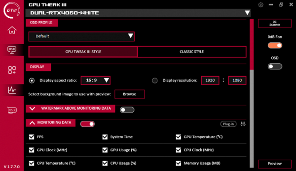 OSD settings panel