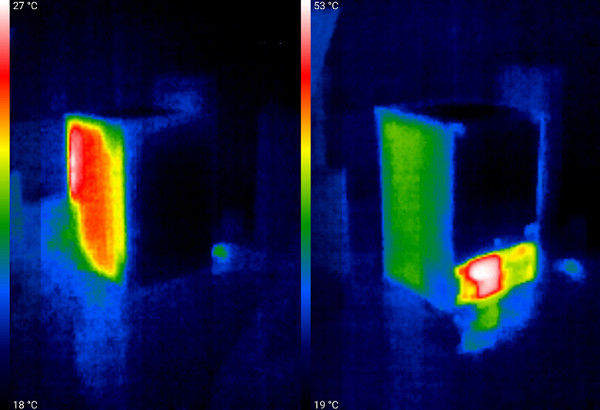 Photos of the left/front and right/back sides of the unit when it's on. The compressor is clearly visible.