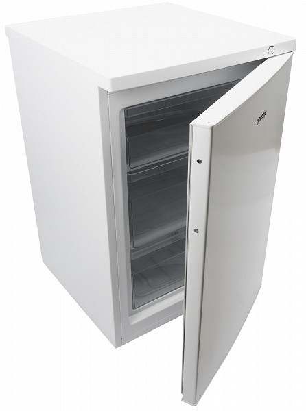 The door opens to the right, but if desired, the hinges can be moved to the left side. There are holes on the right and left ends of the door for installing a handle, which is packaged separately and is attached to the freezer before use.