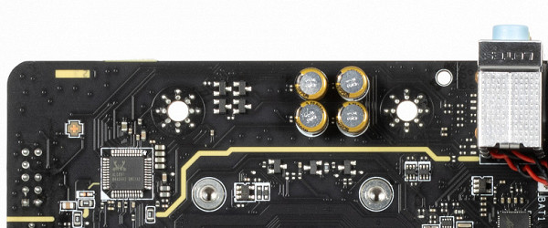 The audio path is located in the corner of the motherboard and does not intersect with other components. On the back panel of the card there are three connectors with standard color coding for receiving and outputting audio signals. There is no S/PDIF connector.To connect a 7.1-channel system, you need to use the jack on the front panel of the case, which requires connecting the internal audio connector of the motherboard to the front panel.