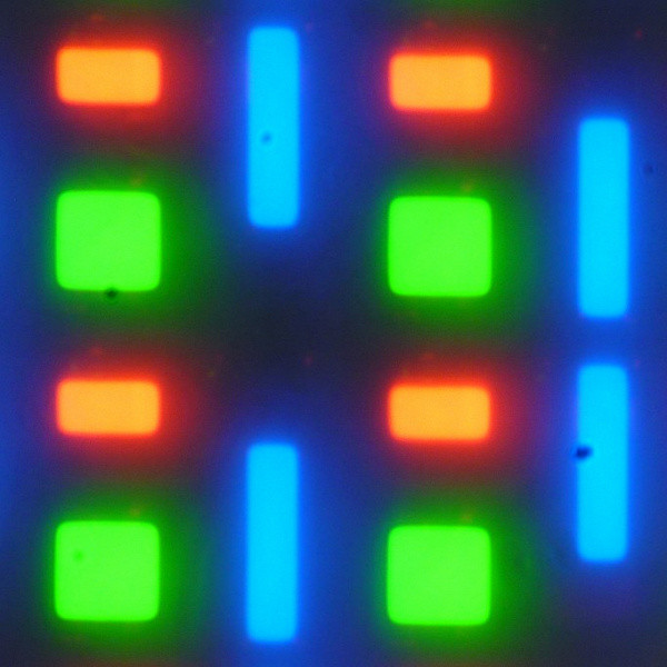 The spectra are typical for OLEDs — the primary color regions are well separated and appear as relatively narrow peaks: