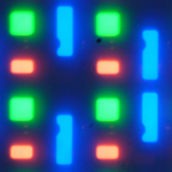 The spectra are typical for OLEDs — the primary color regions are well separated and appear as relatively narrow peaks: