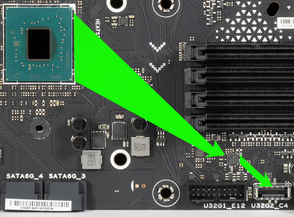 (for connection to the corresponding connector on the front panel of the case); the second — a Type-A port (red) on the rear panel;
5 USB 3.2 Gen1 ports: 4 are implemented via the ASMedia ASM1074 hub
