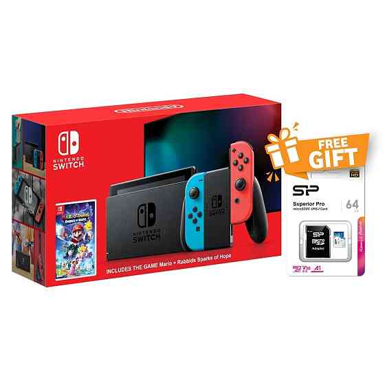 NINTENDO SWITCH (RED/BLUE JOY-CON) WITH GAME MARIO AND RABBIDS SPARKS OF HOPE + FREE 64GB MICRO SD 