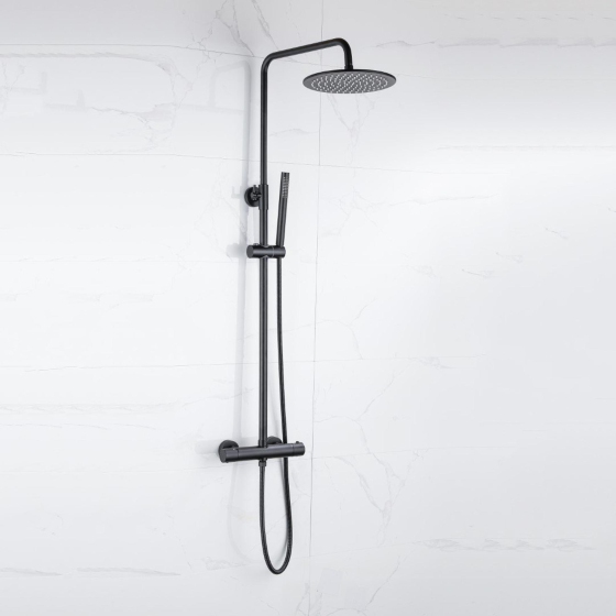 Fortifura Calvi Thermostatic Rain Shower Set - 25cm - Round Head Shower-Rod Hand Shower-Matt Black Gazimağusa