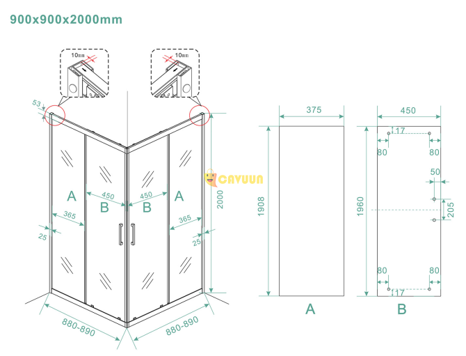 Wiesbaden Skyline corner entry cabin with 2 sliding doors 900 x 900 x 2000 x 8 mm nano clear glass Gazimağusa - photo 4