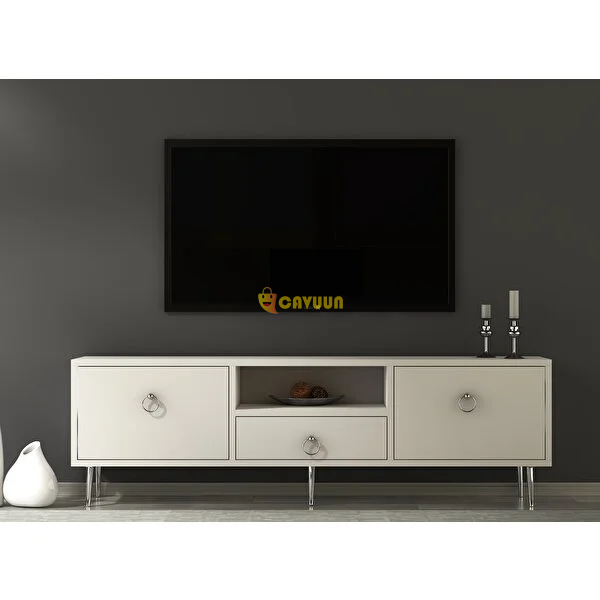 Cantek Design Droop TV Тумба с 2 дверцами, полками и ящиками, цвет белый-серебристый Стамбул - изображение 1