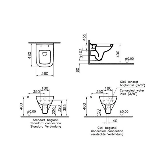 VitrA Vitra S20 Square Wall-Hung WC 48cm + S20 WC Seat + Vitra Concealed Cistern Set Istanbul