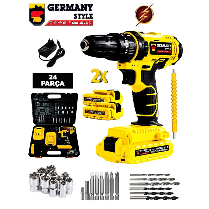 Germany Style Grm-99823 Vfx Steel Gearbox Impact Dual Cordless Screwdriver Drill 24 Piece Set Drill Istanbul - photo 1