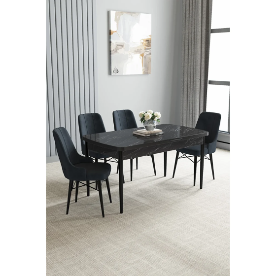 Sar Pakete Zümra Series, Black Marble Pattern 80x132 Extendable MDF Kitchen Table Set 4 Chairs Стамбул