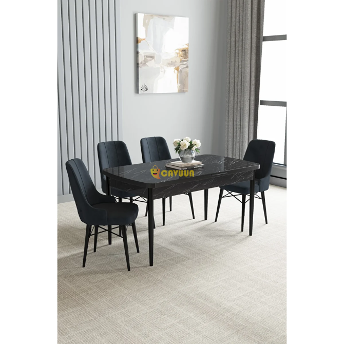 Sar Pakete Zümra Series, Black Marble Pattern 80x132 Extendable MDF Kitchen Table Set 4 Chairs Istanbul - photo 1