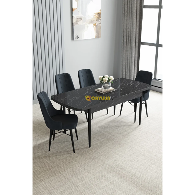 Sar Pakete Zümra Series, Black Marble Pattern 80x132 Extendable MDF Kitchen Table Set 4 Chairs Istanbul - photo 2