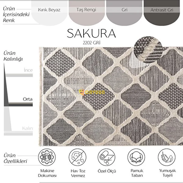 Cool Carpet Sakura 2202 Gray Fluff Dust-Free Ethnic Patterned Modern Woven Looped Living Room Carpet Istanbul - photo 2