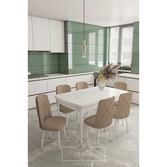 Astera Series Extendable Table + 6 Pieces Kagicino Baby Face Fabric Kitchen Living Room Dining Room Istanbul