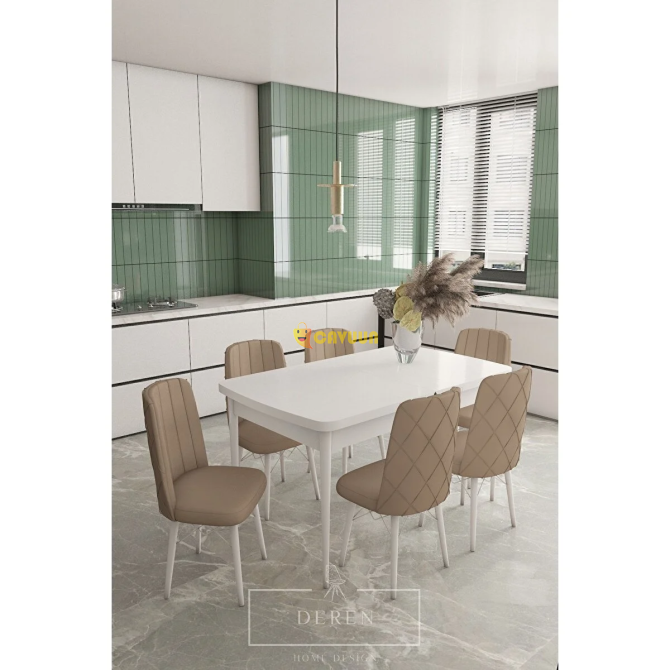 Astera Series Extendable Table + 6 Pieces Kagicino Baby Face Fabric Kitchen Living Room Dining Room Istanbul - photo 1