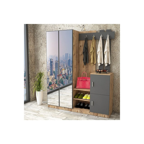 L'occi Concept Wood Mirrored Hanging Covered Cloakroom Coat Stand Shoe Rack Pine-anthracite Grey Istanbul