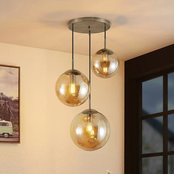 Lindby Teeja pendant lamp, 3 glass balls, amber Gazimağusa