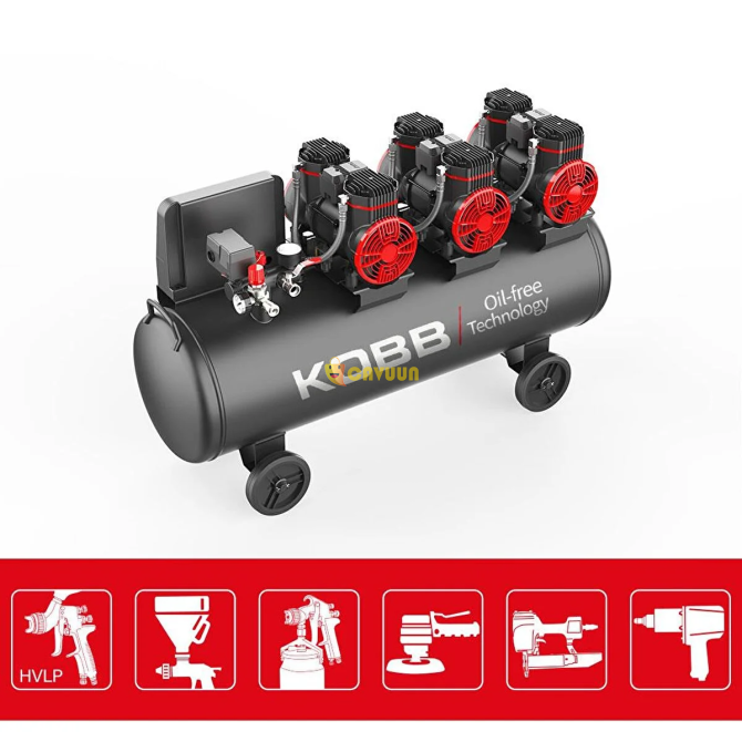 Kobb Kbk100s 6.0 л.с. 100 л 8 бар Трехмоторный безмасляный бесшумный портативный воздушный компрессор Стамбул - изображение 3